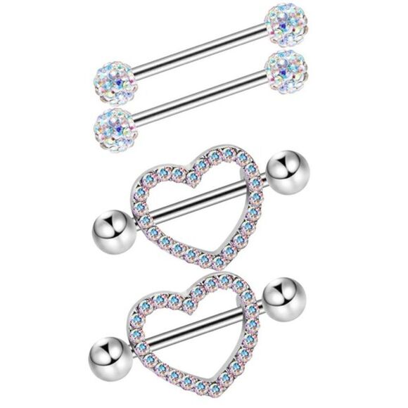 14G 316L Silver and CZ Nipple Rings - Set of 2 - Picture 2 of 7